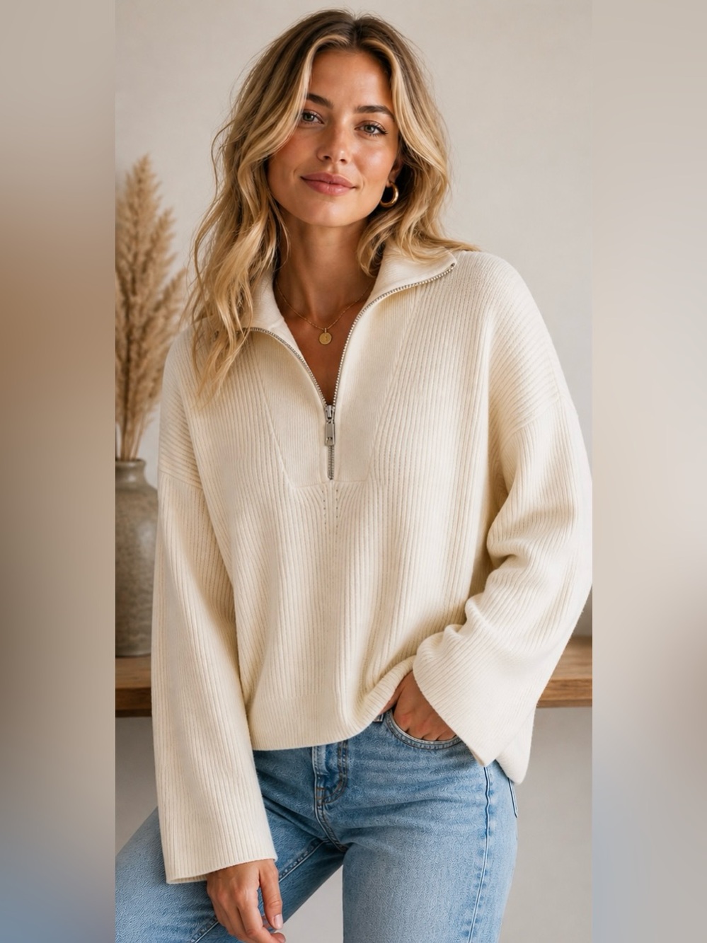 Elie Tahari Cream Ribbed Half-Zip Turtleneck Sweater cozy chic NWT size